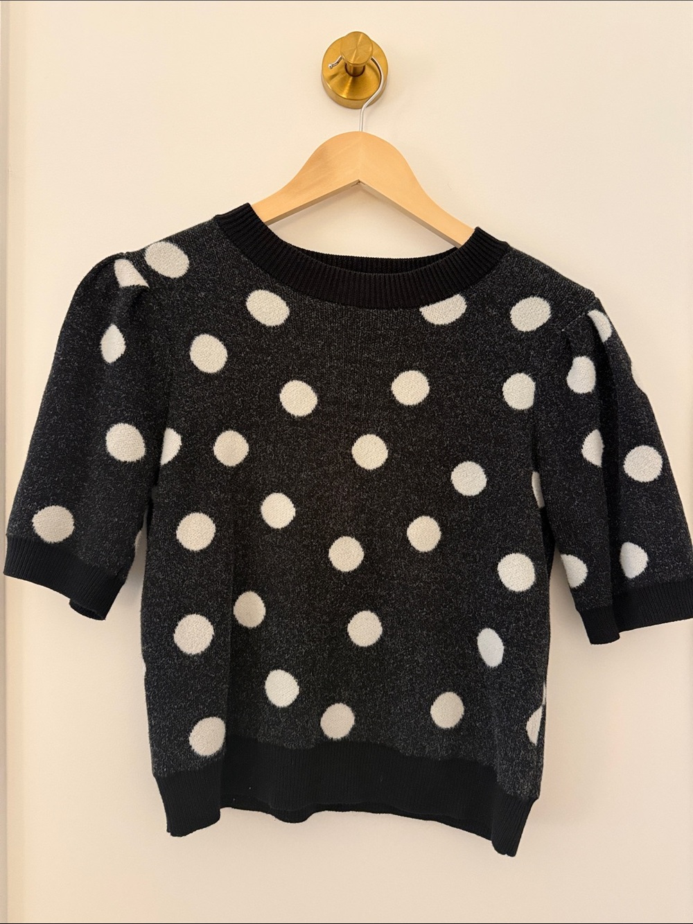 J.O.A. Black Short Sleeve Polka Dot Sweater with White Dots